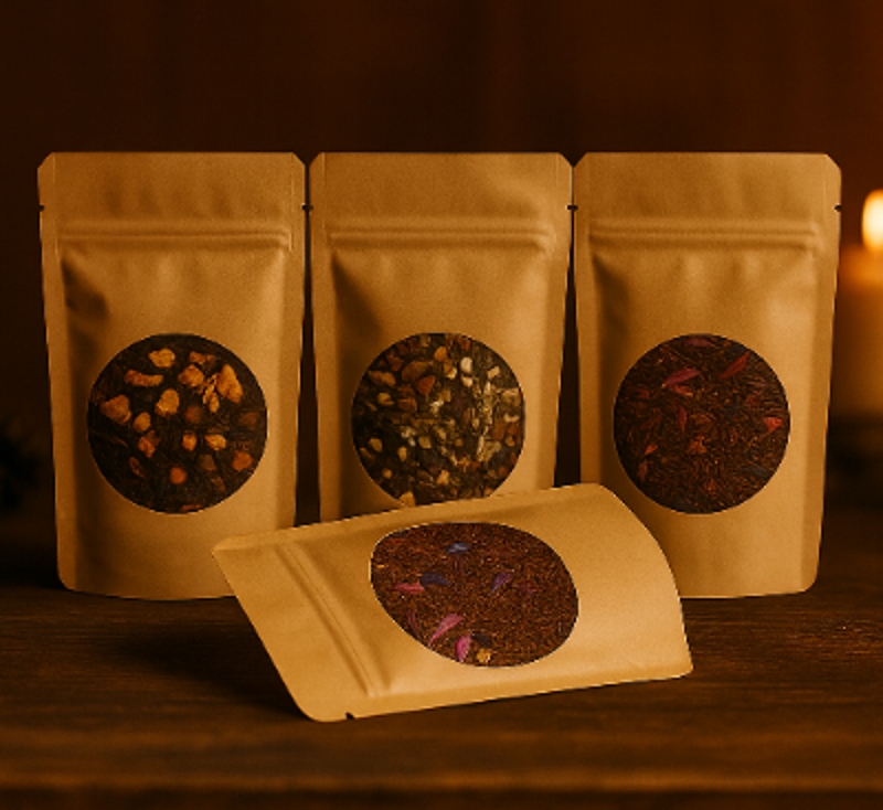 Winterthee voordeelpak – losse thee van Hatsikithee in kraftzakjes: Wintersfeer, Royal Winter, Rooibos Kerst en Wintervuur. Perfect voor koude dagen.